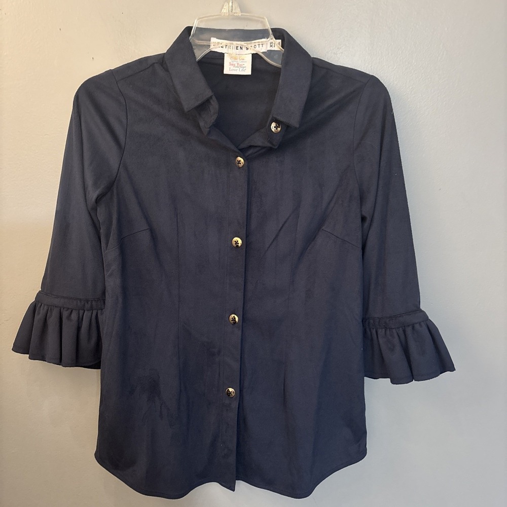 Gretchen Scott Navy Faux Ultra Suede Button Up Blouse Top Bell Sleeve Women's XS